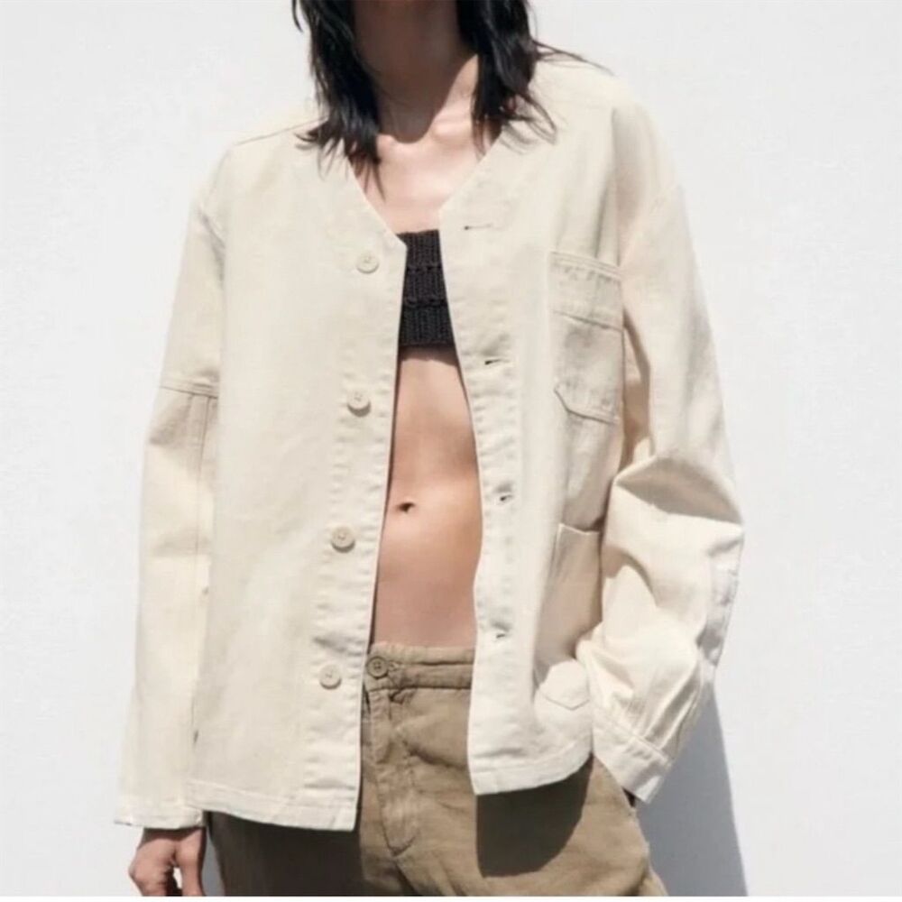 Zara Women's Oversized Denim Jacket Cream Size L, Multi-Pocket Style